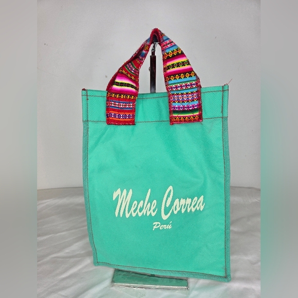 Meche Correa 12" X 9"inch Small Shopping bag Green w/ Inca Fabric Handles - Picture 2 of 6